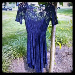 Navy Lace Dress with Handkerchief Hem